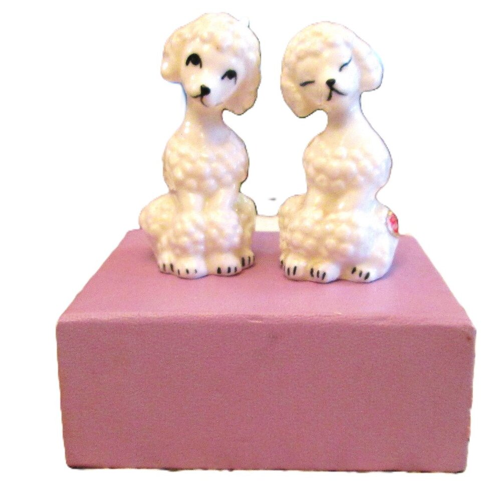 Vtg salt & pepper bone china very white poodle shakers Japan